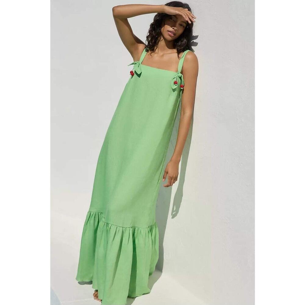 Anthropologie Adriana Degreas Green Cherry Bomb Linen Dress NWOT Size Small